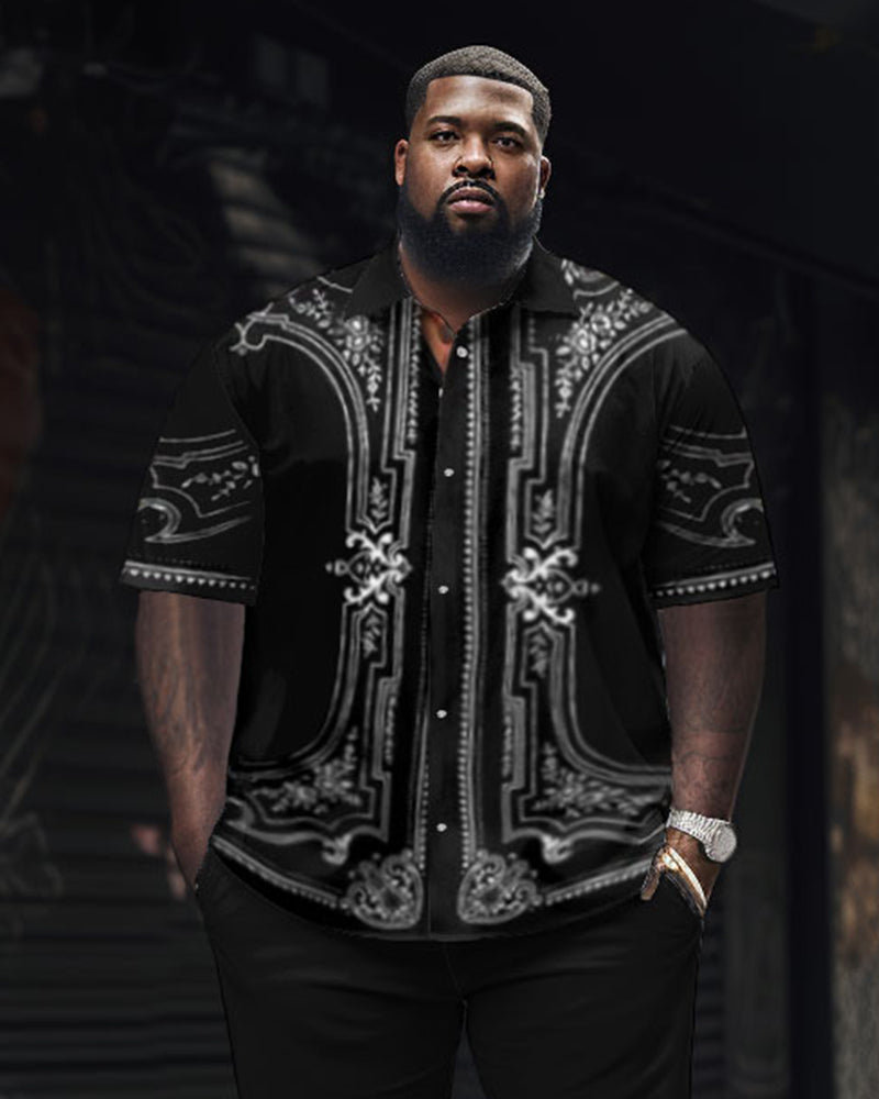 Big Men Elegant Classic Geometric Black Short Sleeve Shirt Pants Set