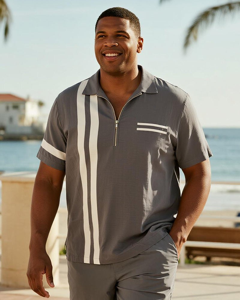 Big & Tall Men's Business Grey Stripe Print Short Sleeve Zip Polo Shirt Shorts Suit