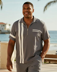 Big & Tall Men's Business Grey Stripe Print Short Sleeve Zip Polo Shirt Shorts Suit