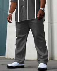 Men's Plus Size Business Casual Gray Striped Short Sleeve Shirt Trousers Suit