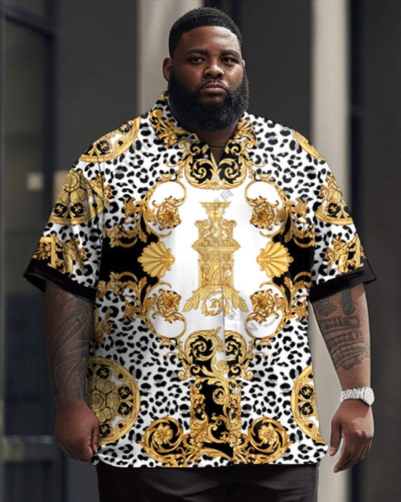 Men's Plus Size Business Casual Retro Roman Style Printed Short Sleeve Shirt Suit