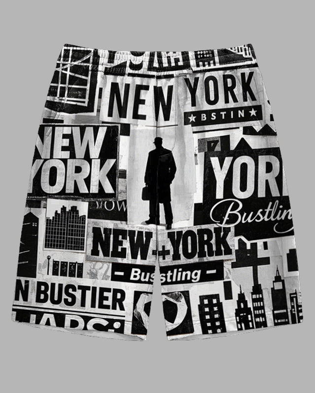 Men's Street Fashion Newspaper Splicing Detective Silhouette Casual Big and Tall Shorts