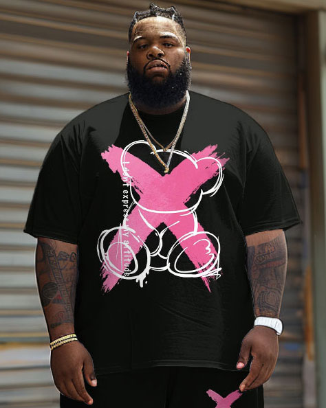 Men's Plus Size Casual X-Bear Graffiti T-Shirt and Shorts 2 Piece Set