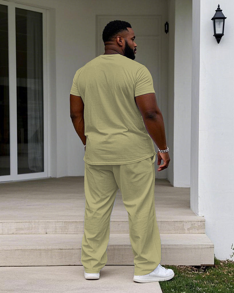 Men's Big & Tall Khaki Fashion Color Slimming Chest Small Label Printed Short-sleeved T-shirt Trousers Set