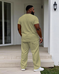 Men's Big & Tall Khaki Fashion Color Slimming Chest Small Label Printed Short-sleeved T-shirt Trousers Set