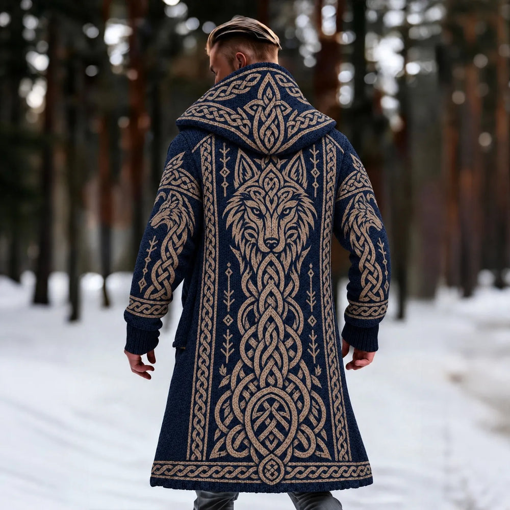 Men's Vintage Viking Wolf Celtic Knot Art Warm Zip Up Hooded Coat