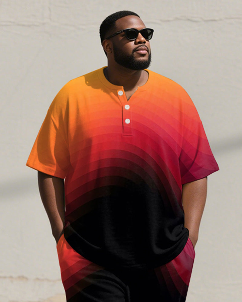 Men's Plus Size Orange Gradient Print Henry Collar T-Shirt Pants Suit