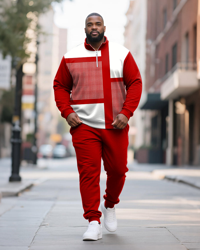 Big & Tall Men's Geometric Color Block Printed POLO Collar Zipper Long Sleeve Pants Two-piece Set