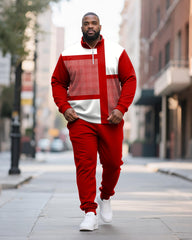 Big & Tall Men's Geometric Color Block Printed POLO Collar Zipper Long Sleeve Pants Two-piece Set