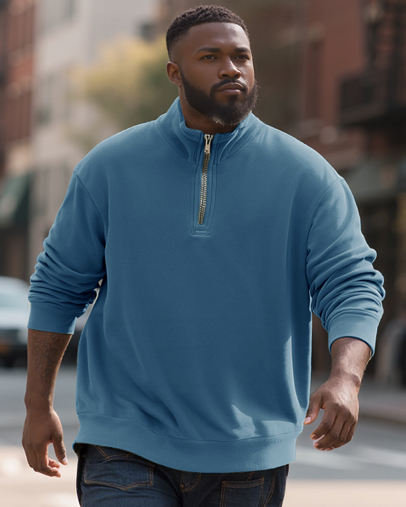 Big & Tall Men's Blue-Fall/Winter Solid Color Polar Fleece Fabric Metal Zipper Collar POLO Long Sleeve
