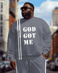 Men's Plus Size Casual Simple God Get Me Letter Print Sweatshirt Two-Piece Set