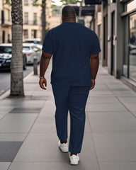 Men's Plus Size Blue Gradient Leaf Print Henley Collar T-Shirt Pants Suit