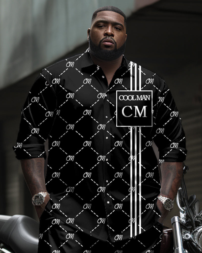 Big & Tall Men's Business Black COOL MAN Alphabet Print Long Sleeve Shirt Trousers Suit