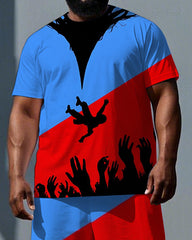 Men's Punk Fashion Falling Man Splicing Style Print Short-Sleeve T-shirt Big & Tall Set