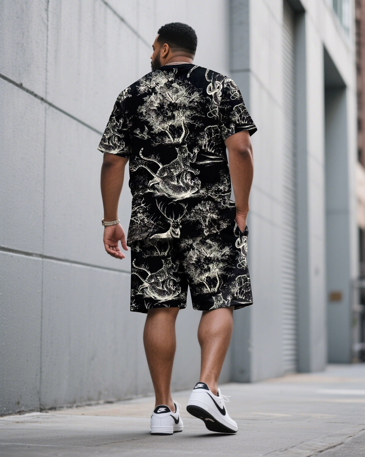 Big & Tall Men Black Animal Forest Full Size Printed Loose Round Neck Short Sleeve T-Shirt Shorts Suit