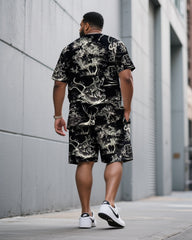 Big & Tall Men Black Animal Forest Full Size Printed Loose Round Neck Short Sleeve T-Shirt Shorts Suit