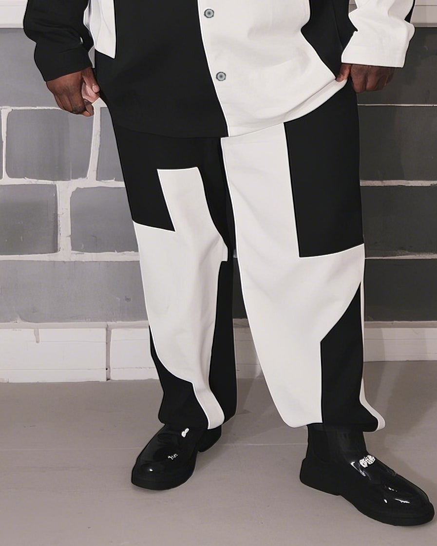 Men's Plus Size Black And White Colorblock Printed Long Sleeve Shirt Trousers Suit