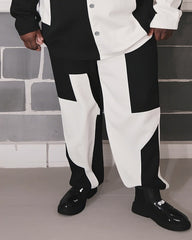 Men's Plus Size Black And White Colorblock Printed Long Sleeve Shirt Trousers Suit