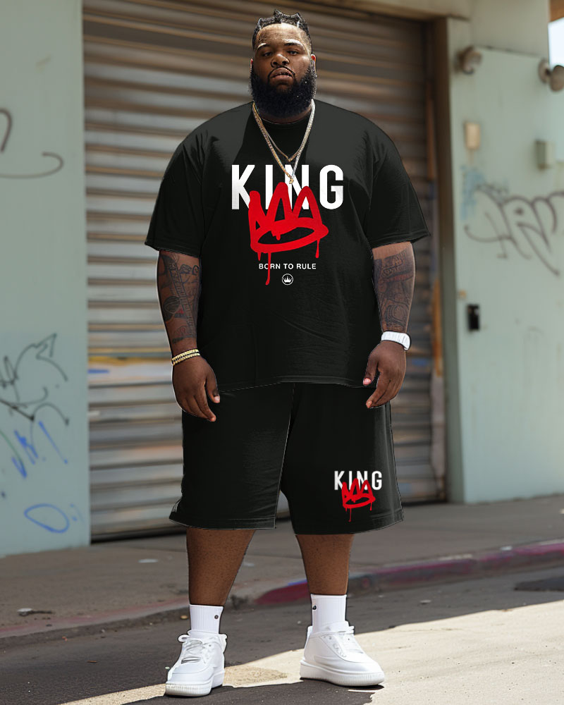 Big & Tall Guy's Casual Graffiti Crown King Alphabet Print T-Shirt Shorts Set