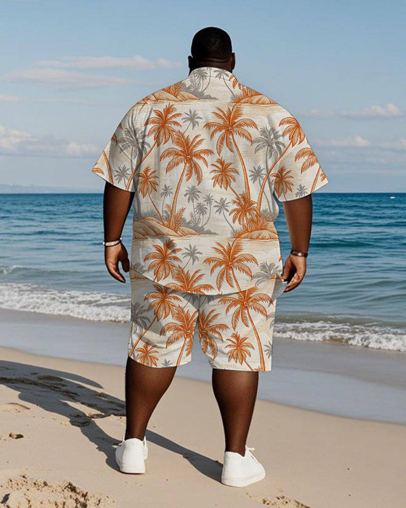 Men's Plus Size Hawaiian Hand Painted Orange Grey Coconut Tree Print Shirt Shorts Suit