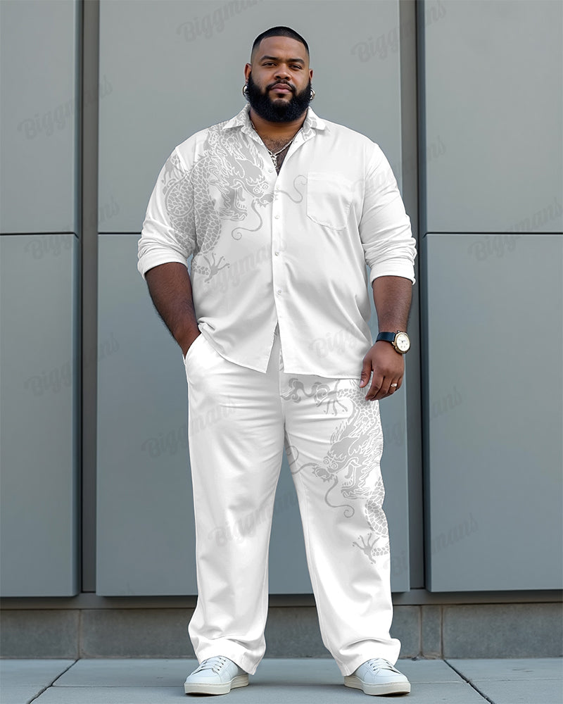 Chest Pocket Dragon Jacquard Long Sleeve Lapel Shirt 2-Piece Set Men's Plus Size