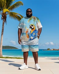 Men's Plus Size Hawaiian Blue Parrot Drinking Cocktail Print Short Sleeve T-Shirt Shorts Suit
