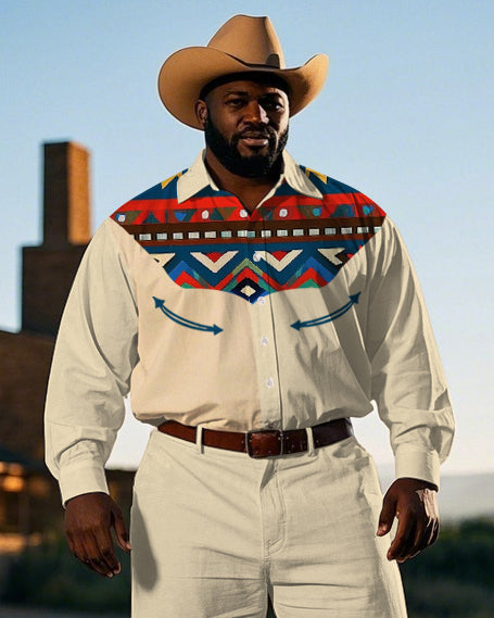 Big Men's Cowboy Western Style Retro Geometric Pattern Printed Long Sleeve Shirt Pants Set