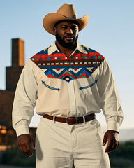 Big Men's Cowboy Western Style Retro Geometric Pattern Printed Long Sleeve Shirt Pants Set