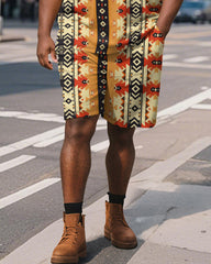 Big & Tall Men's Yellow Geometric Colorblock Diamond Print Short Sleeve Polo Shirt Shorts Suit