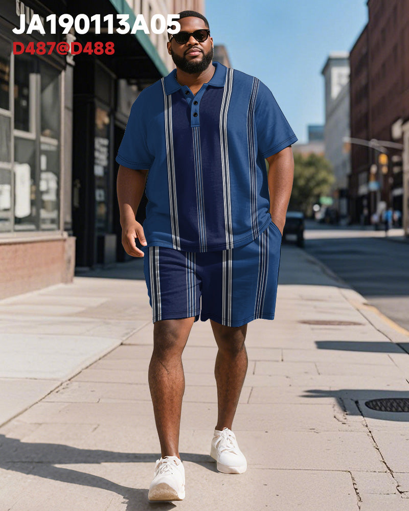 Men's Plus Size Business Blue Stripe Print Short Sleeve Polo Shirt Shorts Suit