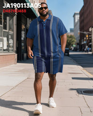 Men's Plus Size Business Blue Stripe Print Short Sleeve Polo Shirt Shorts Suit