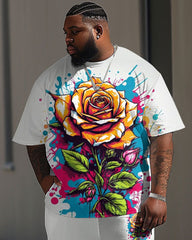 Men's Plus Size Street Fashion Graffiti Rose Print T-Shirt Trousers Suit