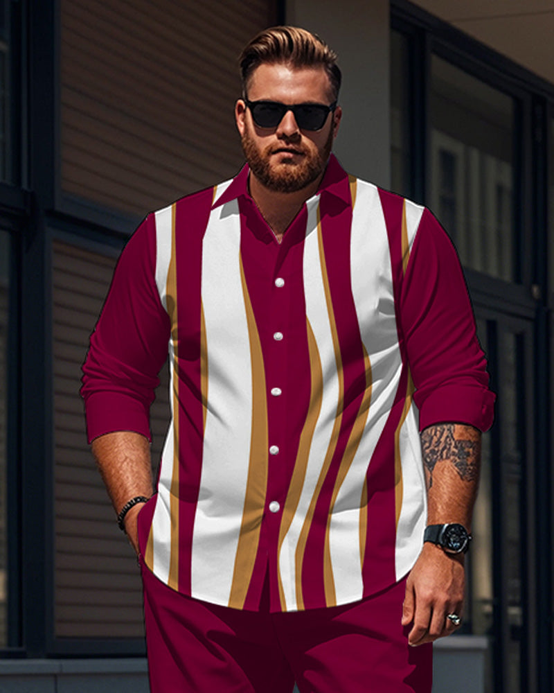 Men's Plus Size Rose Red Color Block Wave Stripe Print Long Sleeve Shirt Trousers Suit