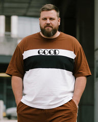 Big & Tall Men's Brown Striped GOOD Letter Print Round Neck Short Sleeve T-Shirt Shorts Suit