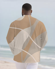 Big & Tall Men's Geometric Colorblock Print Bamboo Hemp Texture Henry Collar Long Sleeve Shirt