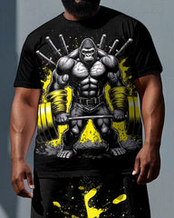 Big & Tall Men's Cartoon Weightlifting Gorillas Tie Dye Casual Short Sleeve T-shirt 2-Piece Set