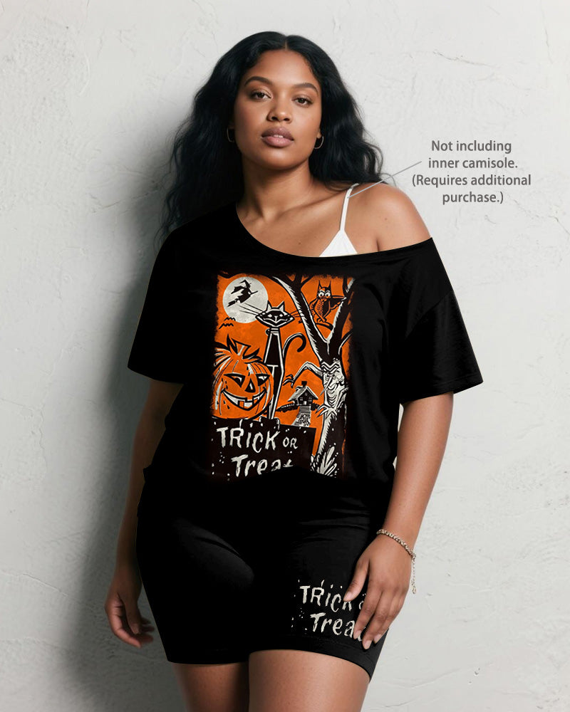 Women's Big & Tall Halloween Trick Or Treat Graffiti Print Short Sleeve Shorts Suit