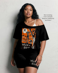 Women's Big & Tall Halloween Trick Or Treat Graffiti Print Short Sleeve Shorts Suit