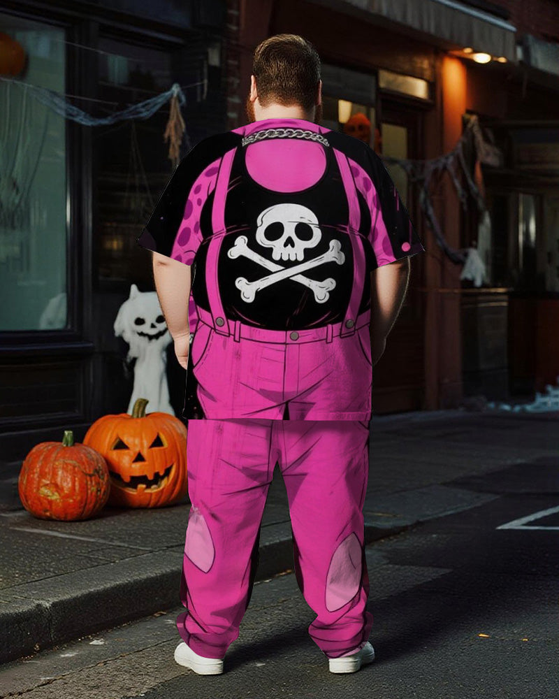 Big & Tall Men's Halloween Pink Leopard Skull Cosplay Printed T-Shirt Trousers Suit