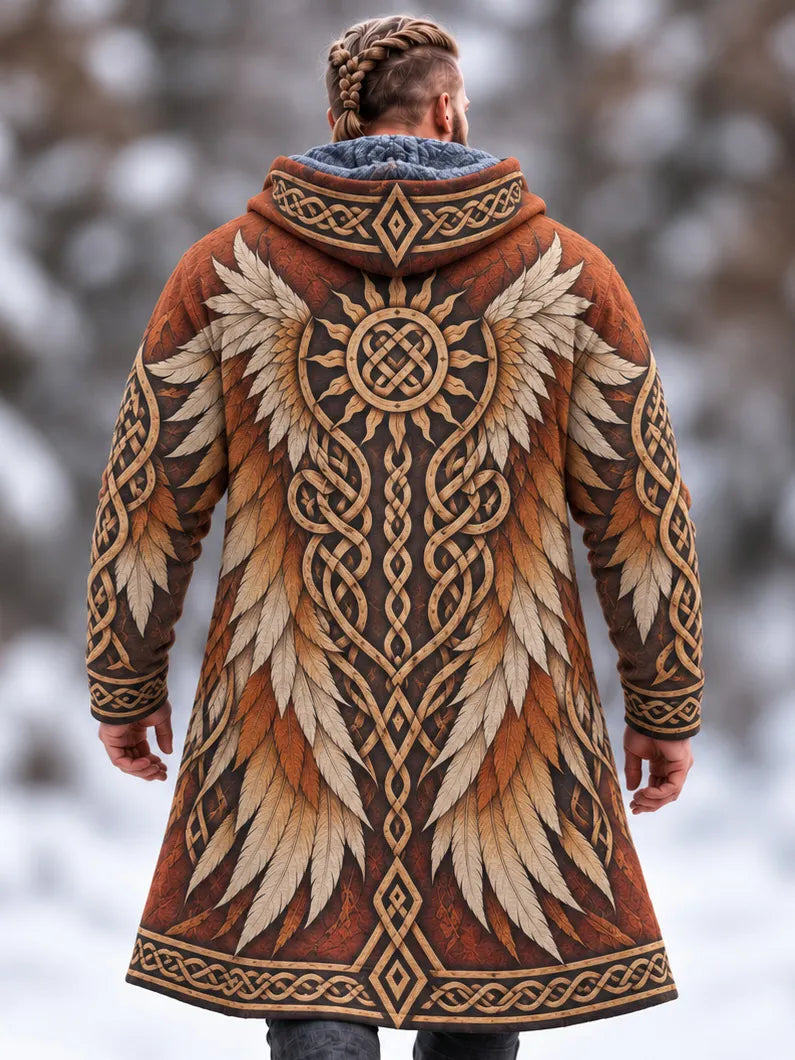 Men's Vintage Viking Wings Celtic Knot Art Print Fleece-lined Warm Mid-length Zip Up Hooded Coat