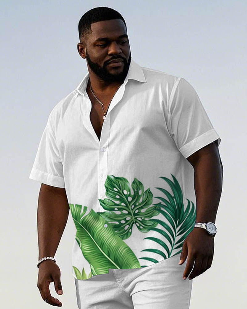 Men's Plus Size Hawaiian Large Leaf Positioning Print Short Sleeve Shirt Shorts Suit