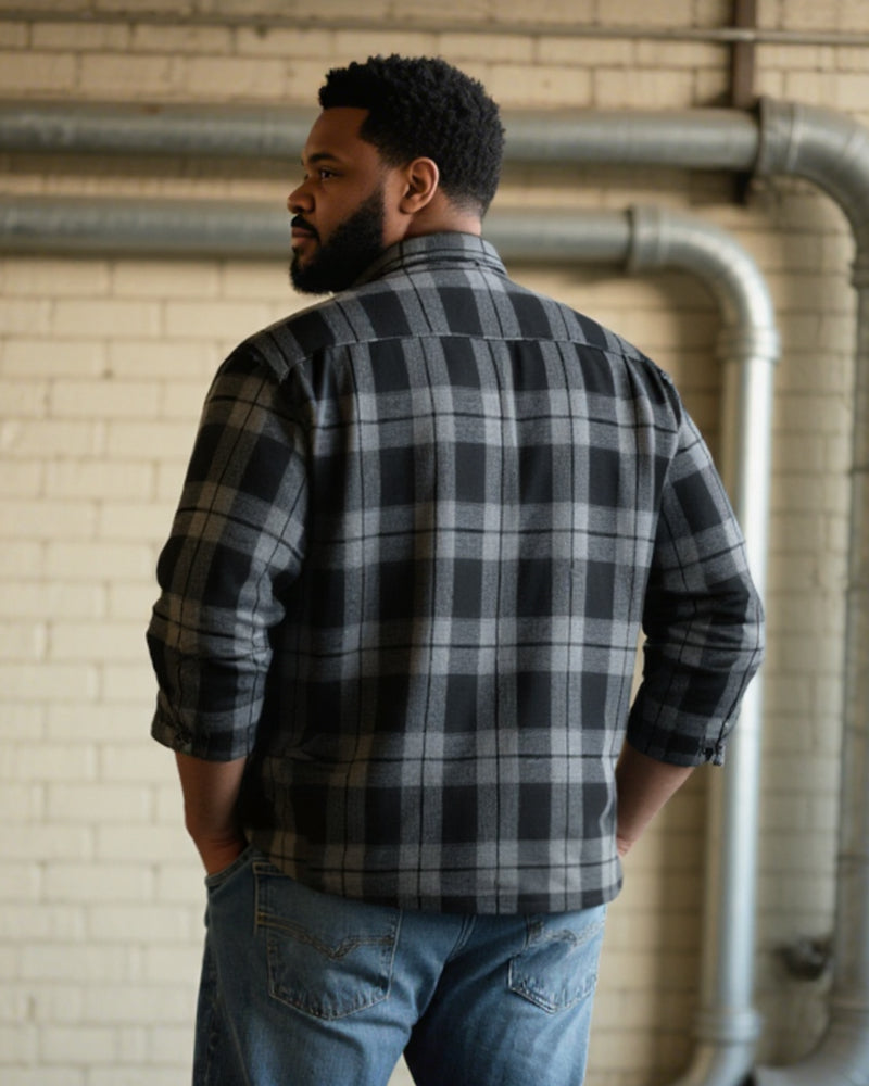 Big & Tall Men's Black-autumn/winter Commuter Plaid Flannel Fabric Long Sleeve Shirt