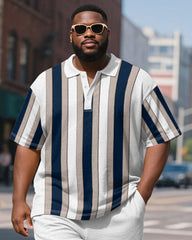 Men's Plus Size Business White Blue Stripe Print Short Sleeve Polo Shirt Shorts Suit