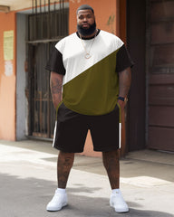 Men's Plus Size Casual Simple Army Green Colorblock Printed T-shirt Shorts Suit