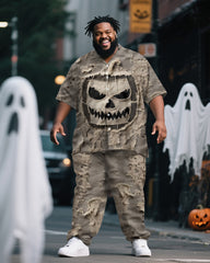 Big & Tall Men's Halloween Tattered Pumpkin Head Expression Print Short Sleeve Shirt Pants Suit