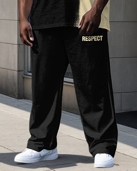 Big Men's Casual Simple Splicing Style Letter RESPECT Printed Short Sleeve T-shirt Pants Set