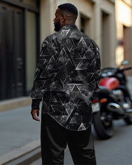Business Geometric Visual Hierarchical Printed Long Sleeve Lapel Shirt 2 Piece Set Men's Plus Size