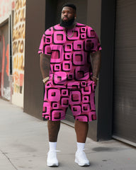 Men's Plus Size Casual Pink Art Square Diamond Two-Piece Set