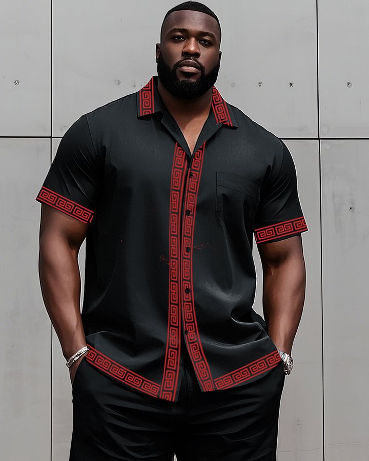 Big Man's Retro Daily Casual Edge Color Block Printing Short Sleeve Shirt Shorts Suit