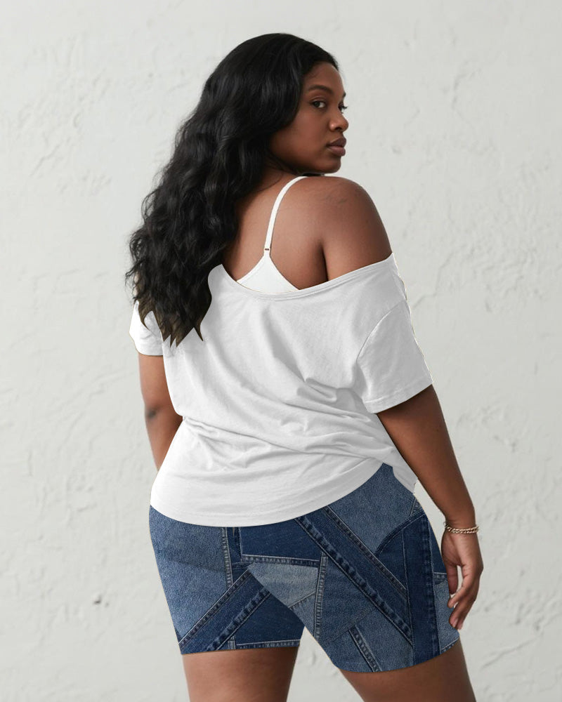 Women's Plus Size Daily Casual Lips Denim Print Short Sleeve Shorts Suit